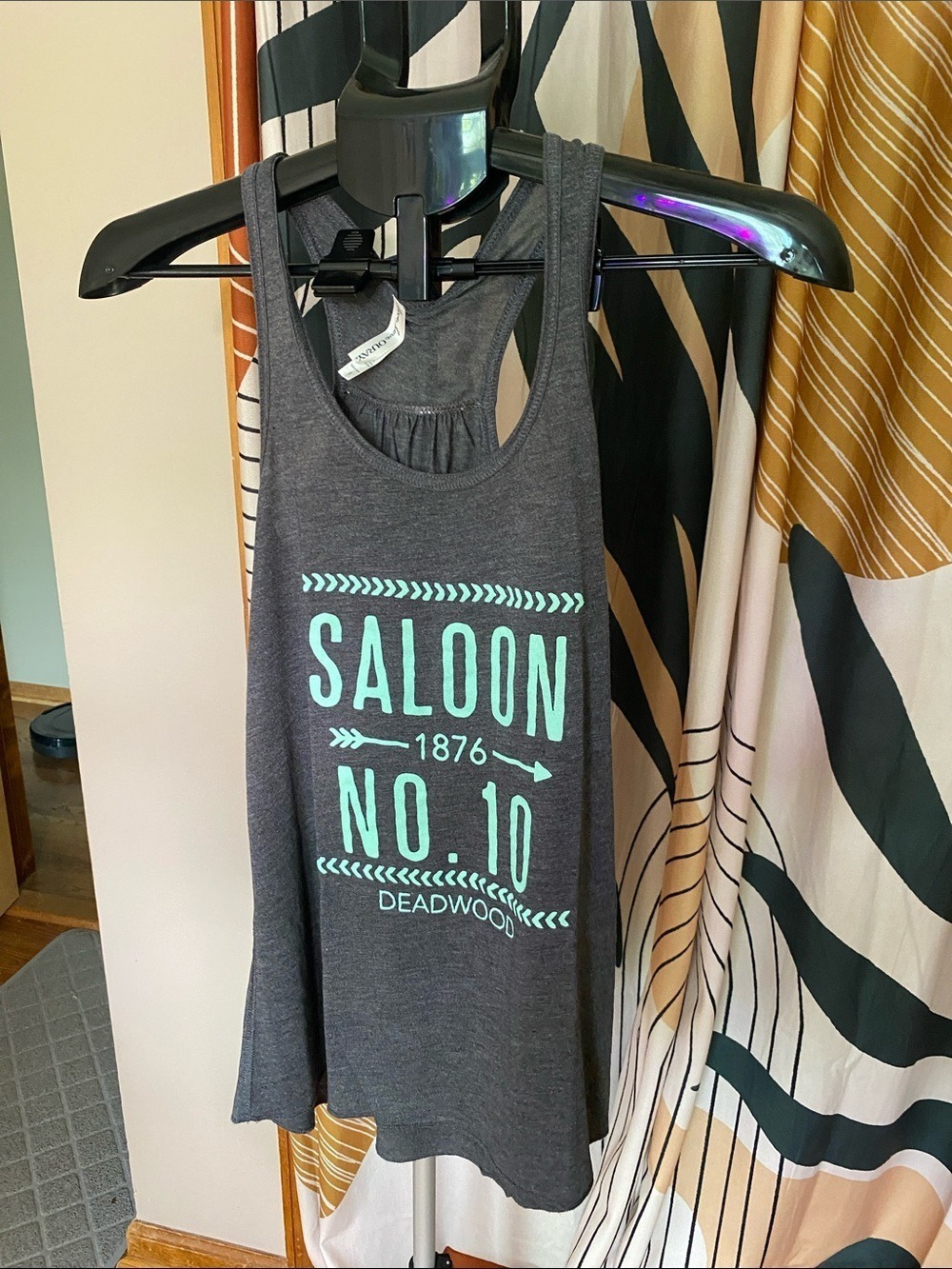 Charcoal Racerback Tank with Mint Saloon Graphic- Deadwood